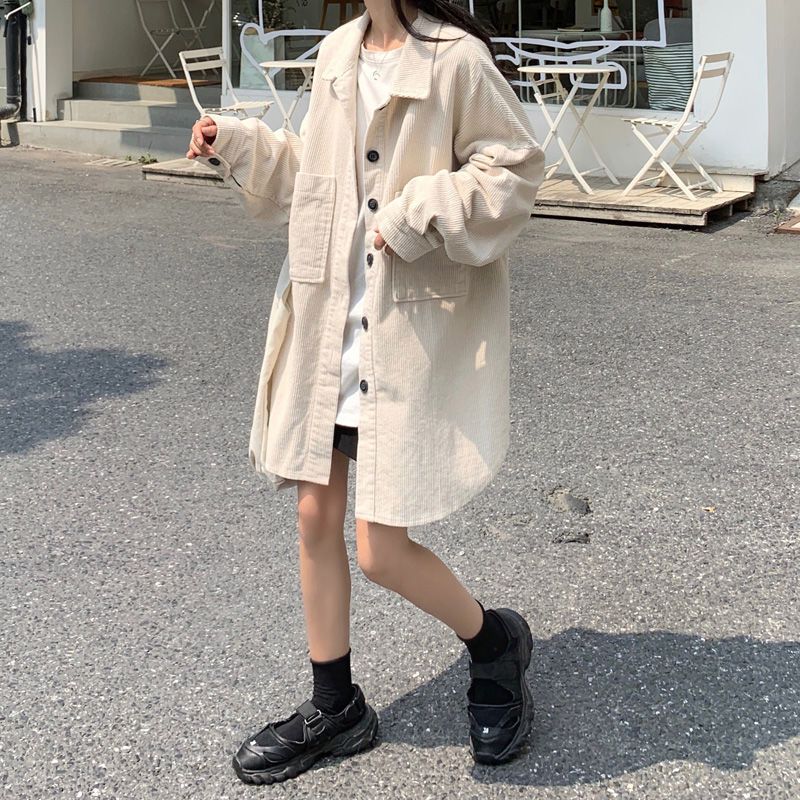灯芯绒衬衫外套女春秋季新款韩版宽松复古港味百搭长袖设计感衬衣