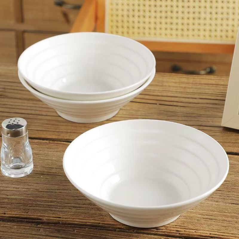 康夫贝横纹汤碗拉面碗高颜值餐厅家用陶瓷饭碗防烫加厚8英寸纯白喇叭碗4只装高清大图