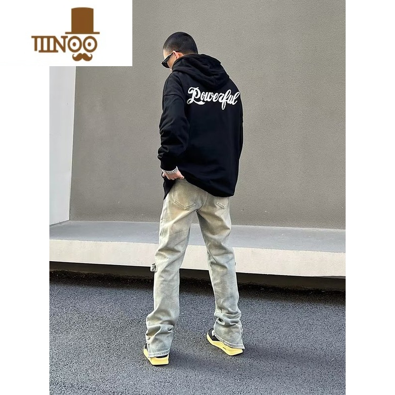 YANXU美式水洗黄泥染侧拉链牛仔裤男vibe风高街宽松直筒排扣开叉长裤洗高清大图