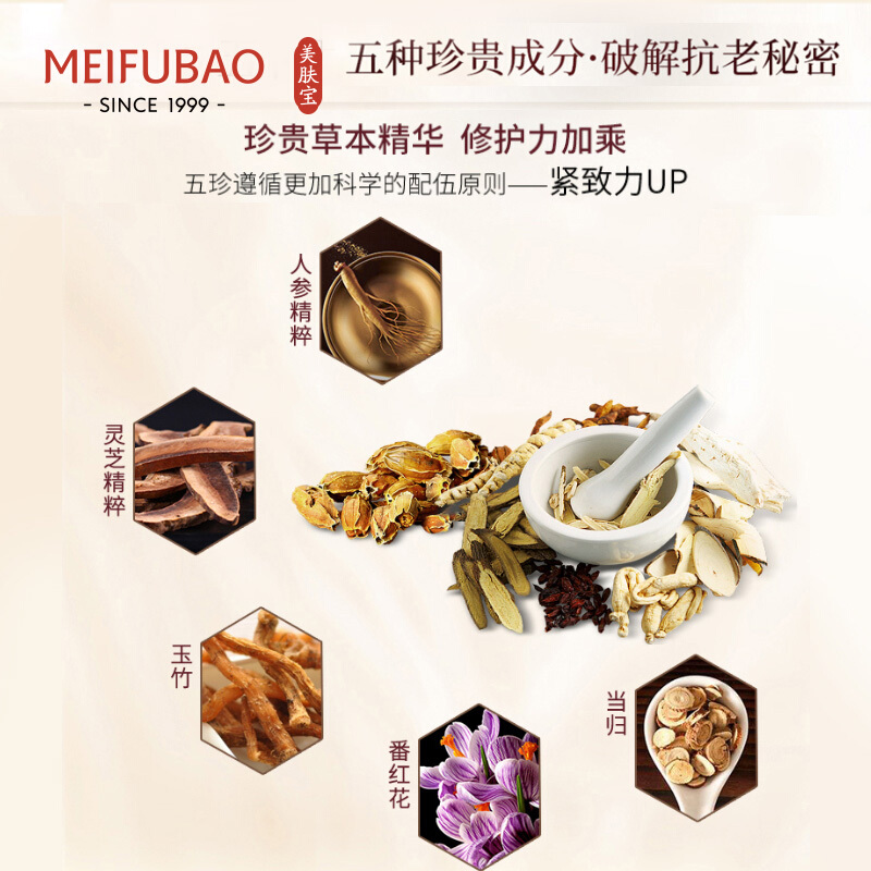 (MEIFUBAO)美肤宝套装护肤套装 五珍弹力保湿紧致礼盒滋润型洁面100ml+水120ml+霜50ml+眼霜20ml高清大图