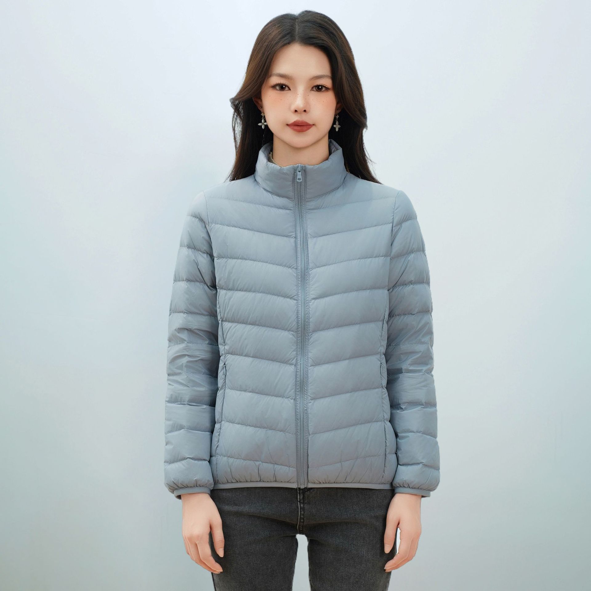 女式新国标90绒简约羽绒纯色女立领女装轻薄款羽绒服女士 浅蓝 XXXL