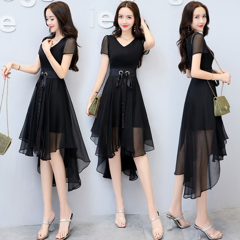 女士夏款新品韩版女装碎花雪纺中长款连衣裙前短后长裙子潮夏天