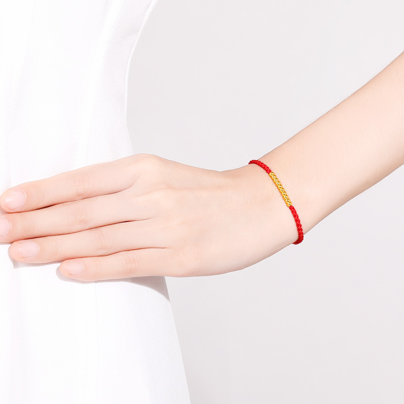 周六福zhouliufu黄金手链女士款足金小金珠光珠红绳手绳定价时尚百搭