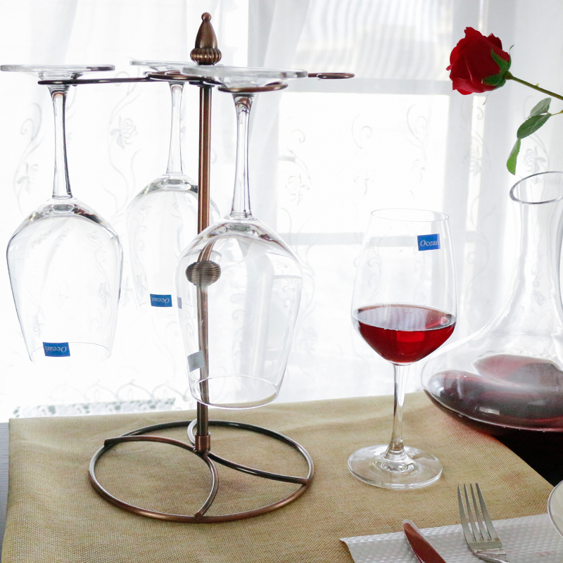 Ocean进口无铅玻璃冷切口红酒杯455ML4只配1500ML醒酒器配酒杯架套装高清大图