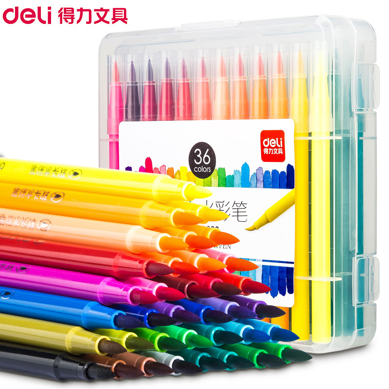 得力(deli)70687软头水彩笔48支/盒 儿童学生用可水洗美术画笔 色彩鲜艳涂鸦笔涂色勾线笔 水彩画画笔套装48色