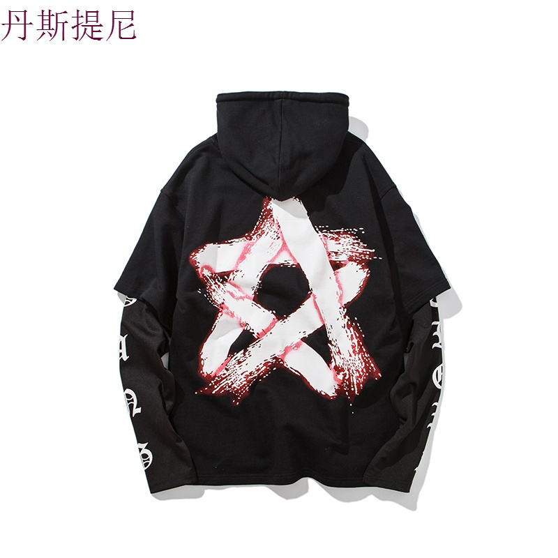 ins超火的男卫衣秋季字母连帽长袖套头衫大码假两件学生连帽上衣