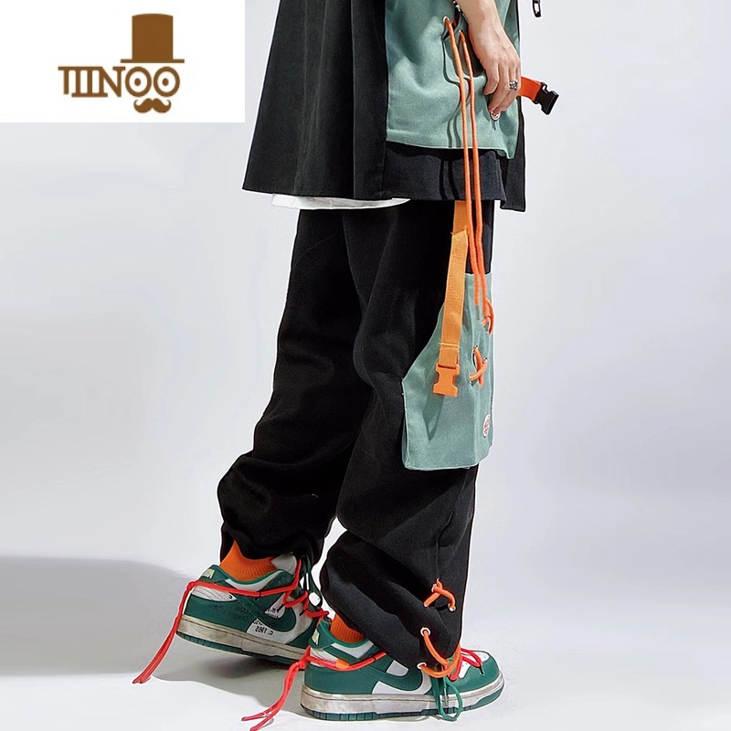 YANXU日系嘻哈直筒休闲运动裤潮牌多口袋工装宽松大码束脚长裤牌高清大图