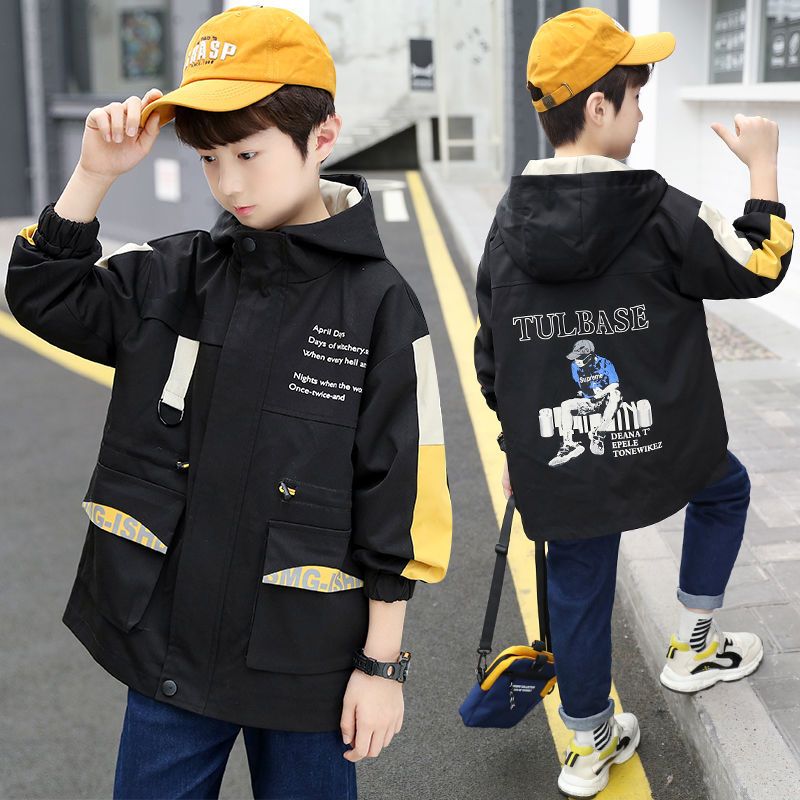 男童春装外套儿童8运动9春季10中长款休闲风衣13大童男装12岁男孩绿色