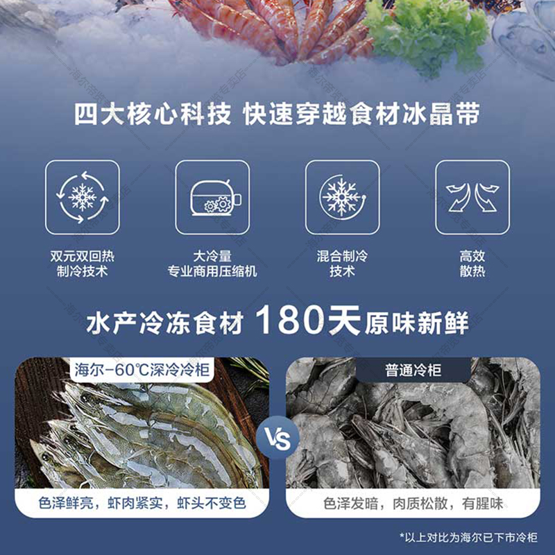 海尔超低温零下60度家用商用卧式冷柜速冻海鲜金枪鱼三文鱼名贵海鲜柜实验室专用DW-60W252EU1高清大图