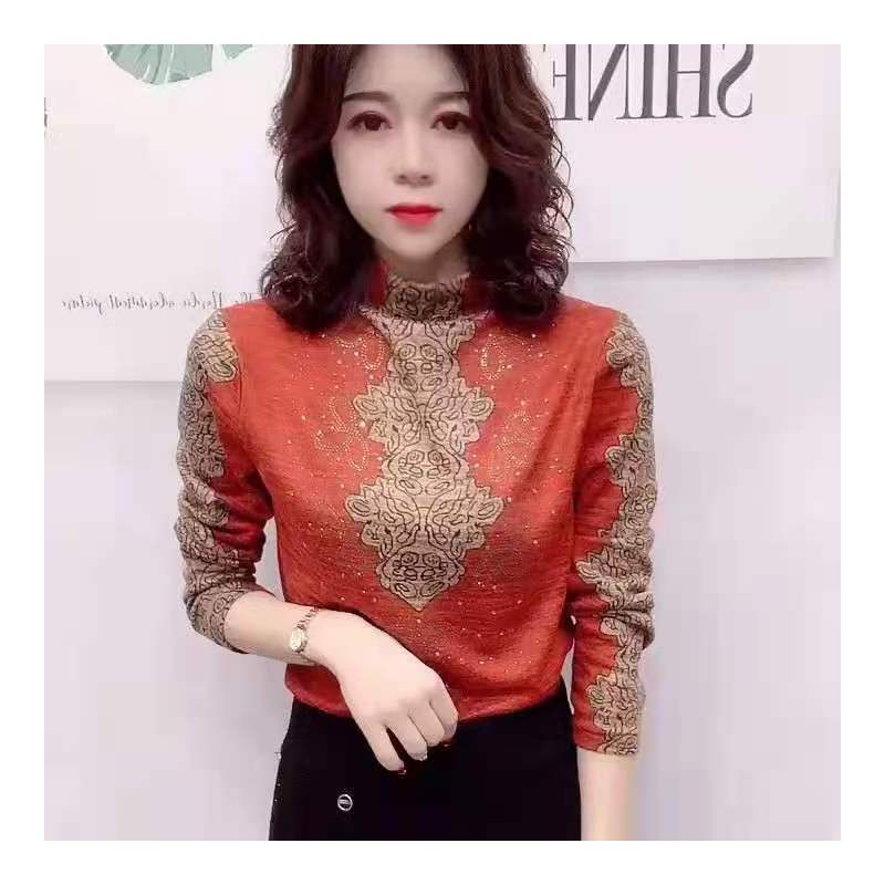 好质量漂亮妈妈时尚一体绒打底衫女秋冬新款加厚保暖印花烫钻上衣