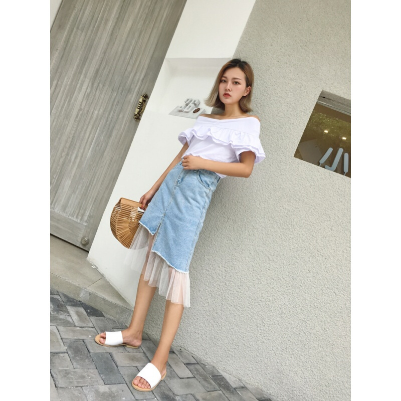 春季新款时尚网纱拼接半身裙A子裙女百搭学院风高腰显瘦牛仔裙图片色
