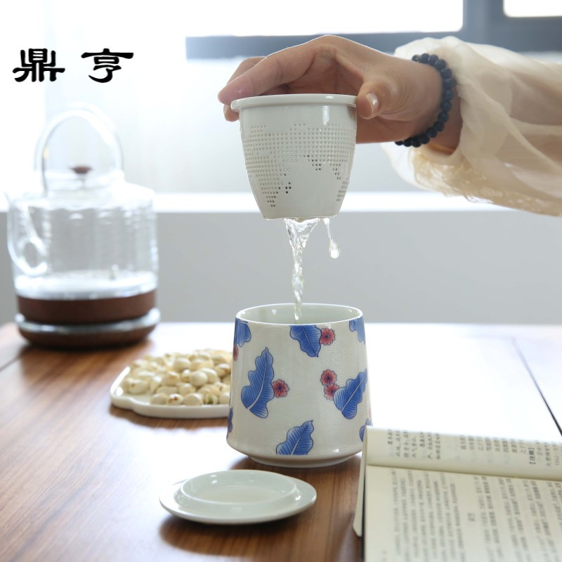 鼎亨简约陶瓷水杯带盖内胆过滤创意办公个性泡茶杯子家用大容量马
