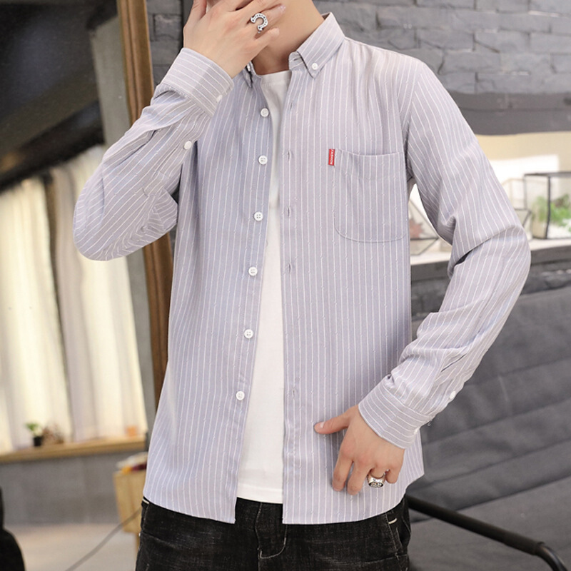 梵克公牛衬衫男学生春季长袖薄款 2021男士时尚条纹休闲休闲帅气简约