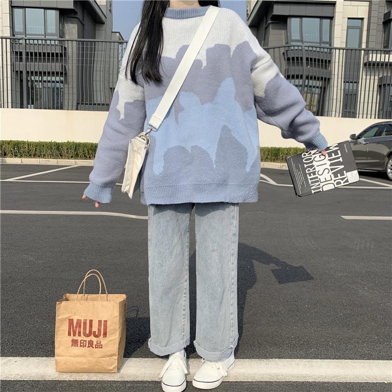 冬季保暖学院风bf圆领拼接毛衣女学生韩版宽松中长款针织衫外套潮