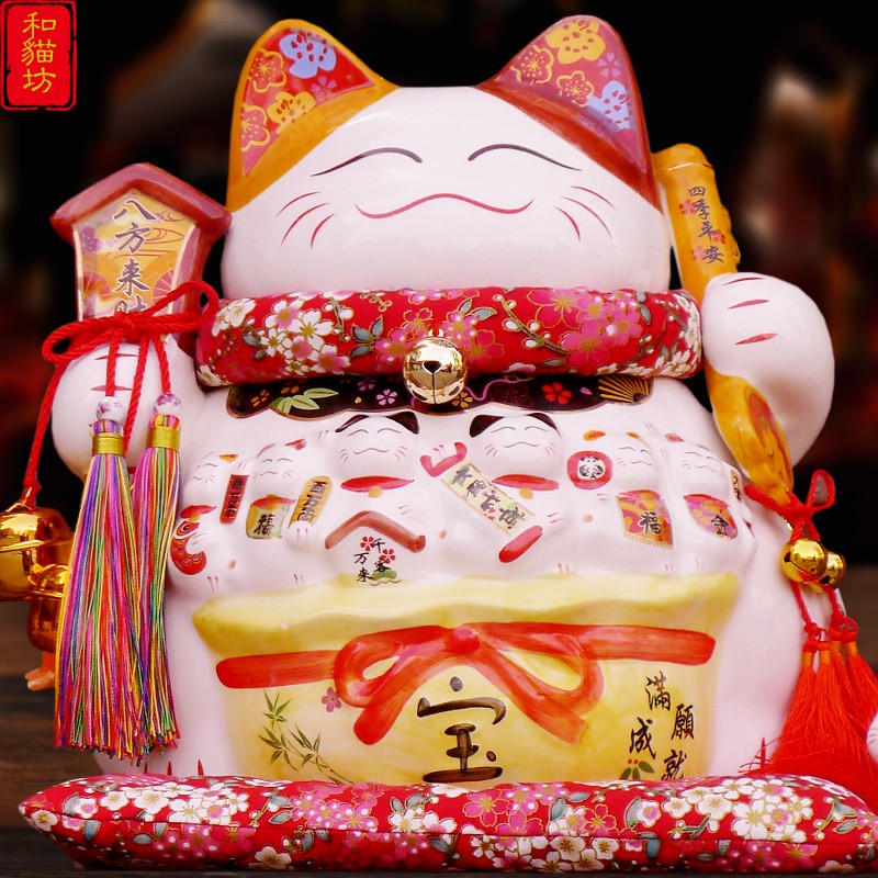 日式正版猫摆件店铺开业礼品特大号摇手陶瓷存钱罐家居装饰品 三维工匠 12寸系列-生意兴隆高29厘米猫高清大图