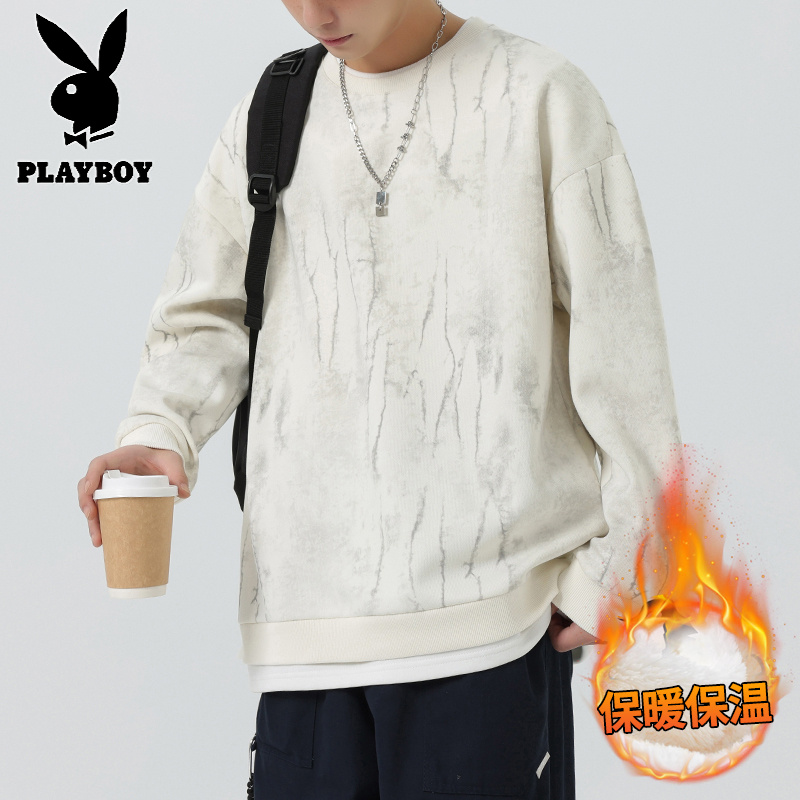 花花公子新款高品质加绒重磅圆领卫衣男2025秋冬新款假两件拼接扎染宽松休闲上衣_415高清大图