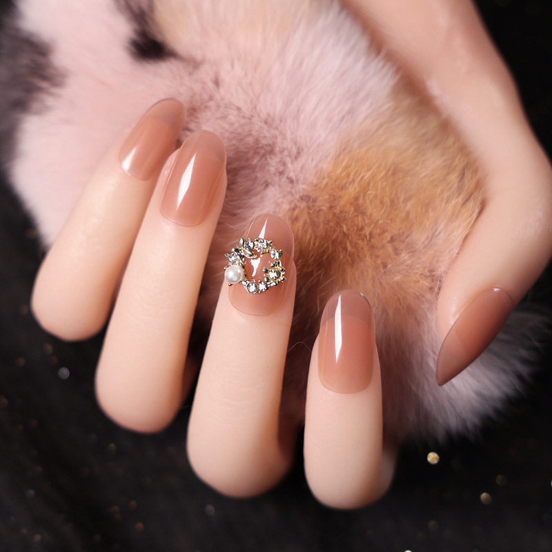 2021果冻粉色中长款花环假指甲半透明穿戴甲美甲贴片甲片成品s781胶水