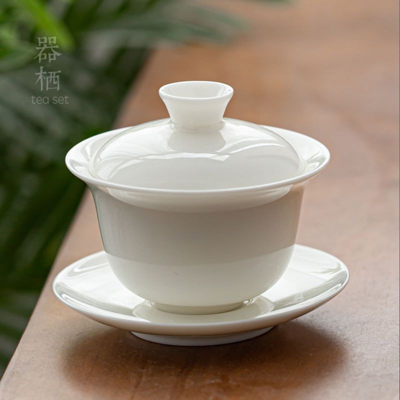 手工羊脂玉白瓷三才盖碗陶瓷功夫茶具单个盖杯小号泡茶碗德化白瓷玉瓷