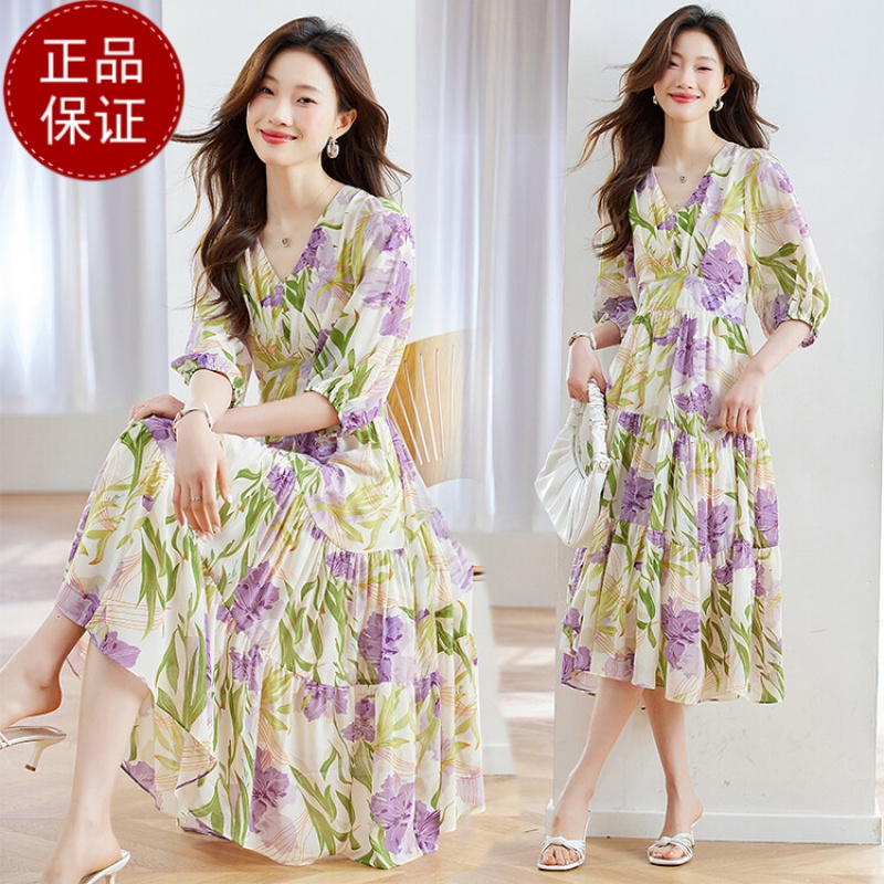 免费试穿 绿色碎花连衣裙女夏季新款超仙森系温柔风海边度真丝连衣裙2024新款遮肚子显瘦高级感小个子减龄妈妈裙子女高清大图