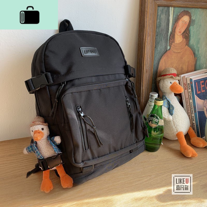 日系原创防水潮男少女书包chic韩版包百搭森系情侣旅行包背双肩包NEW LAKE 黑色+草帽鸭挂件