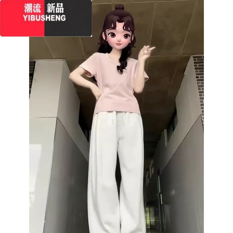 YIBUSHENG短袖女季2024新款粉色正肩t恤韩系宽松简约百搭显瘦U领上衣高清大图