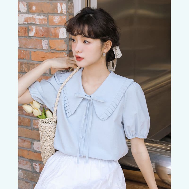 2022夏季新款韩版大翻领显瘦娃娃衫衬衫上衣女图片