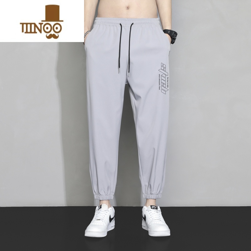 YANXU冰丝裤子男士夏季薄款宽松束脚速干九分运动裤速干工装休闲长裤子高清大图