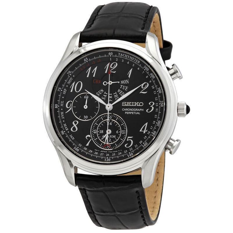 精工seiko男士手表chronograph系列商务休闲皮革黑色表盘男士石英表