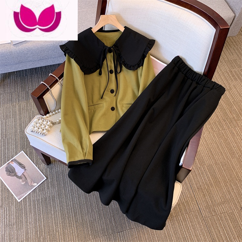 七斓大码女装2023春季新款韩剧奶乖套装裙微胖mm茶系穿搭配一整套 绿色上衣+半身裙 L100-120斤