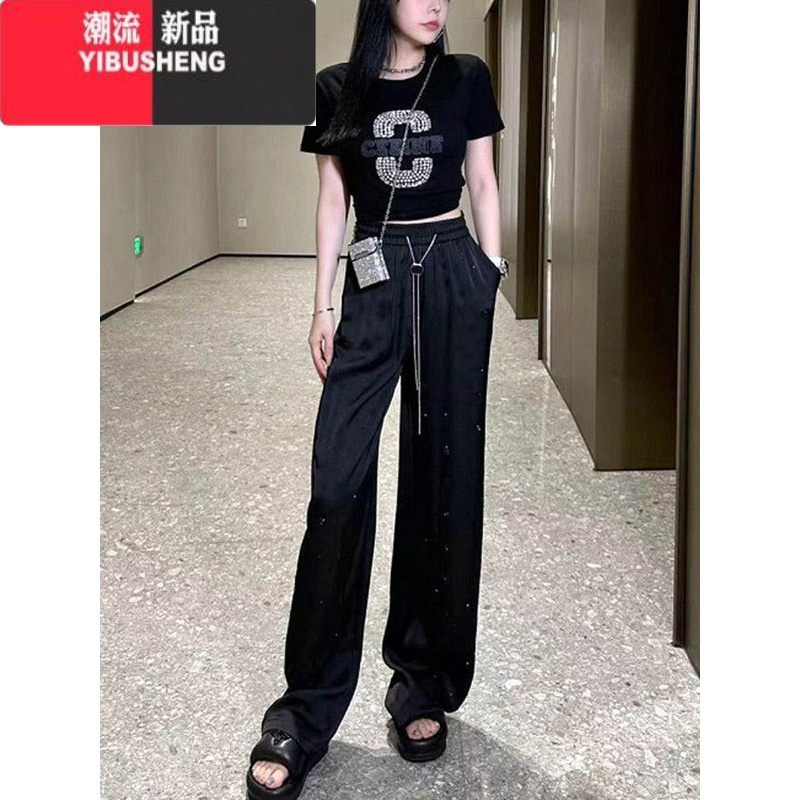 YIBUSHENG醋酸缎面阔腿裤女季加长高腰显瘦直筒裤烫钻印花垂感拖地休闲拖高清大图