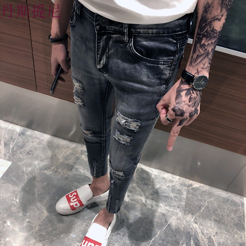 牛仔裤男2018夏季新款韩版显瘦破洞乞丐裤男士社会小伙九分小脚裤灰色