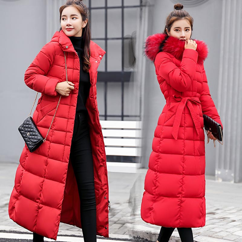 fishbasket大红色羽绒棉服女中长款过膝修身显瘦冬棉袄新娘结婚加厚