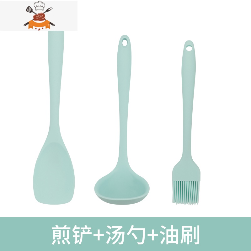 婴儿辅食硅胶铲可高温儿童炒菜铲子护锅铲宝宝辅食汤勺不粘锅套装 敬平 薄荷绿煎铲+汤勺+油刷