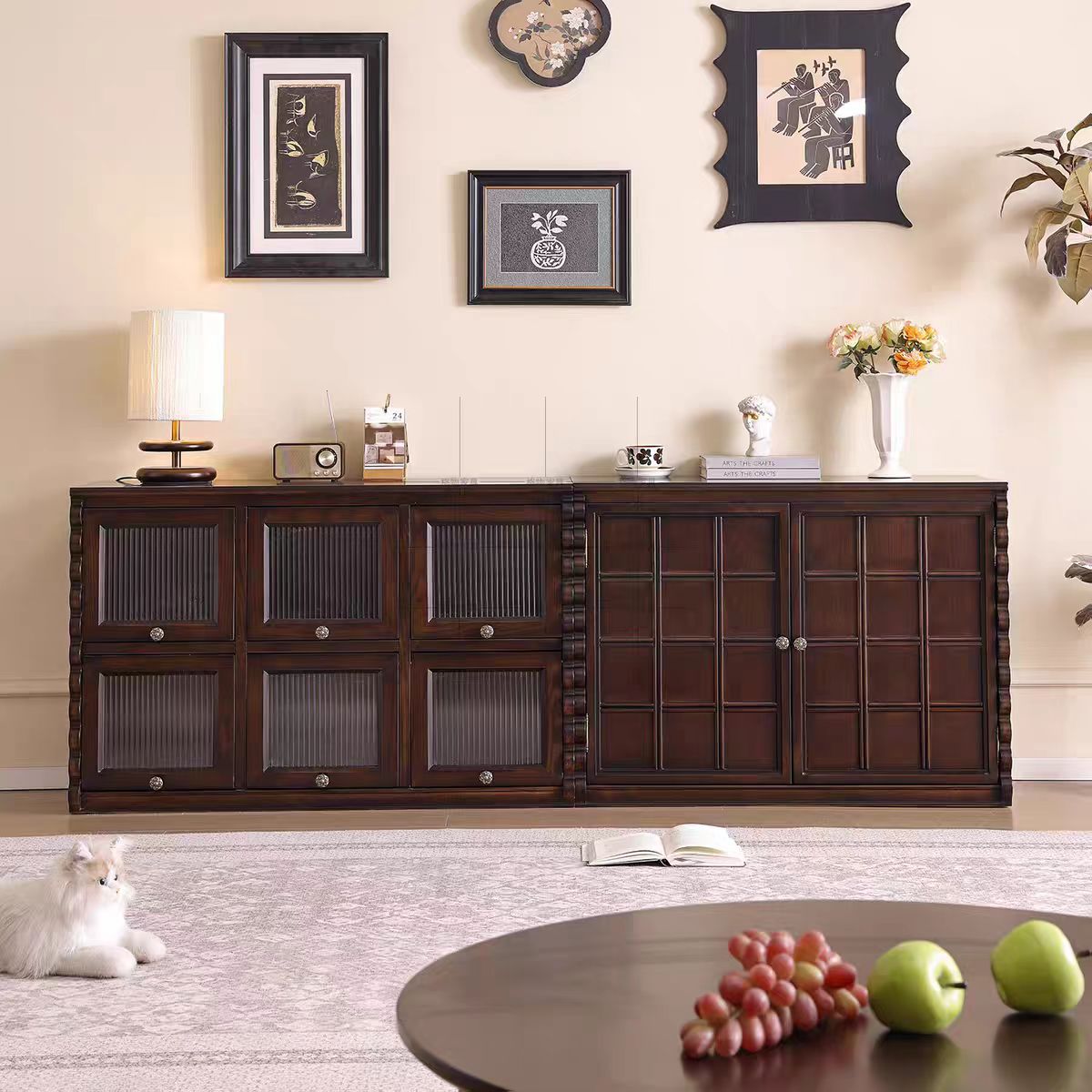 全实木组合电视高柜法式中古风模块玄关展示柜客厅斗柜美式落地柜高清大图