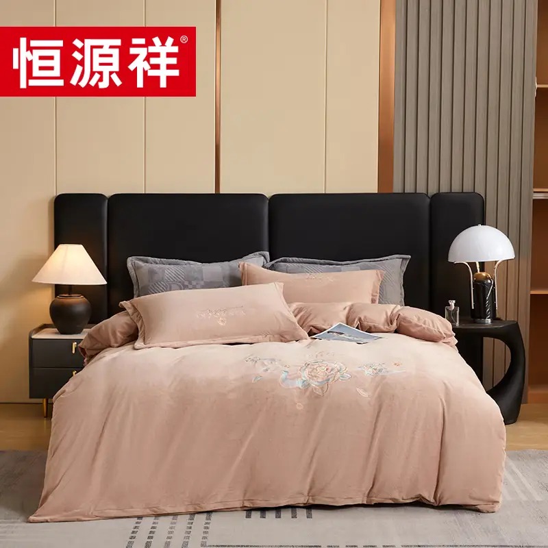 恒源祥TBK2067绣花牛奶绒四件套(棕)200*230cm单位:套高清大图