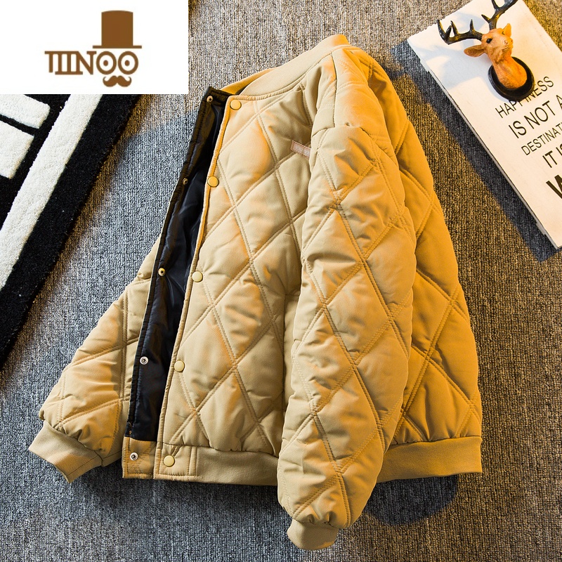 YANXUHPCP菱形格棉服男冬季加厚日系复古潮牌休闲棒球服保暖棉衣外套男 卡其色 2XL