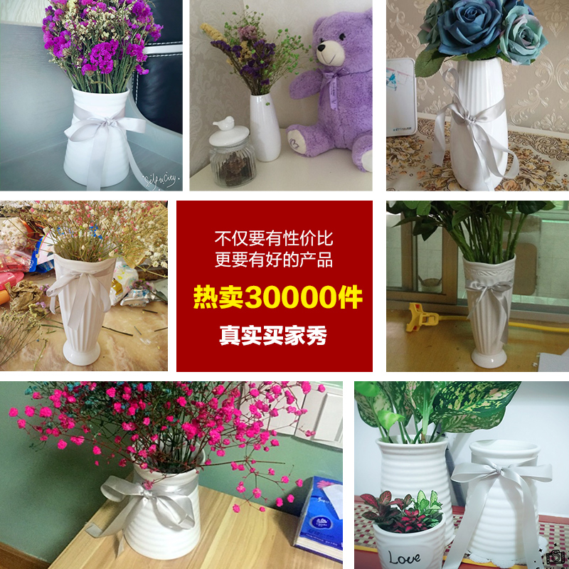 欧式花瓶白色陶瓷小清新干花花器客厅摆件餐桌装饰满天星插花瓷器 三维工匠 麻绳花瓶小号-白色高清大图