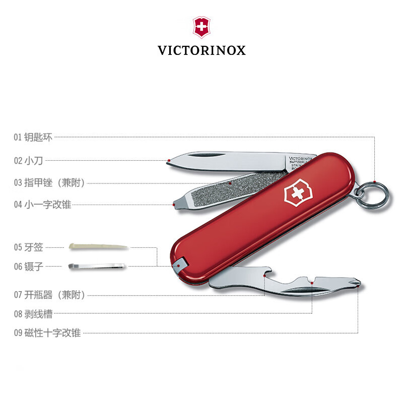 维氏(VICTORINOX) 瑞士军刀 司号员9项功能水果刀 多功能刀折叠刀 红色0.6163