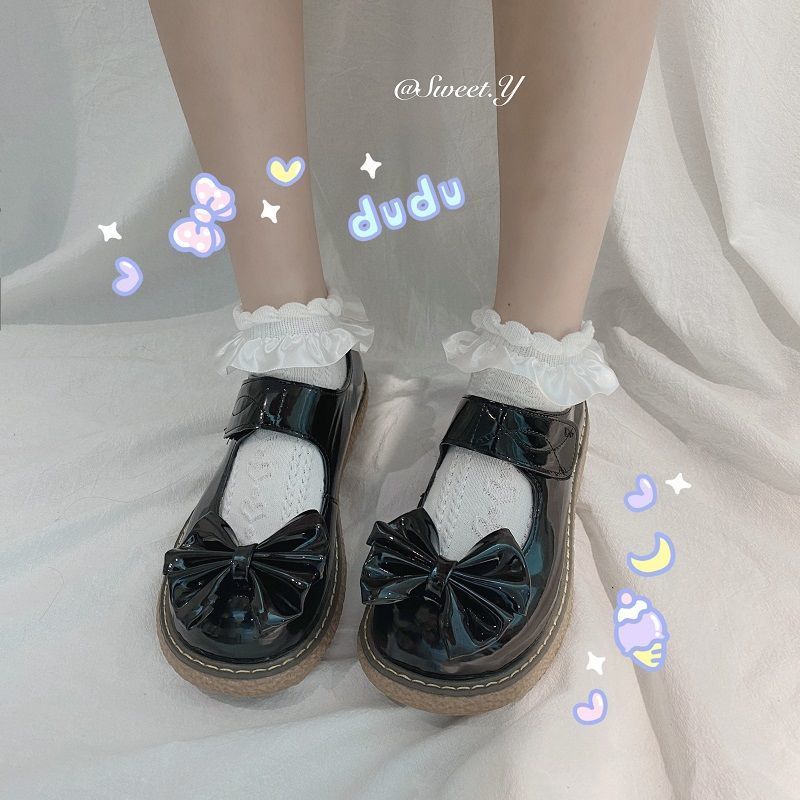 Lolita小皮鞋女可爱圆头软妹大头鞋jk学院风百搭日系蝴蝶结单鞋 两个蝴蝶结 不带鞋子 34 偏大近一码
