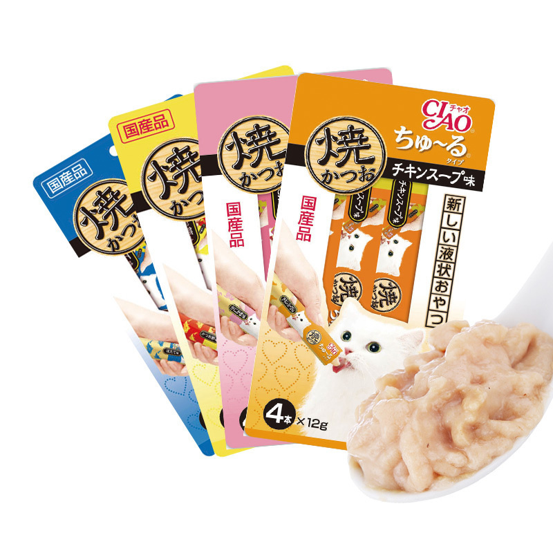 日本伊纳宝猫粮 INABA海洋鱼啾噜流质猫零食12g*4条 CIAO肉泥猫条 鲣鱼节味