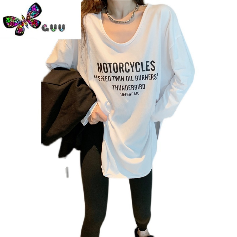 语娄秋季新款字母内搭开叉白色慵懒风中长款长袖t恤宽松打底衫女上衣