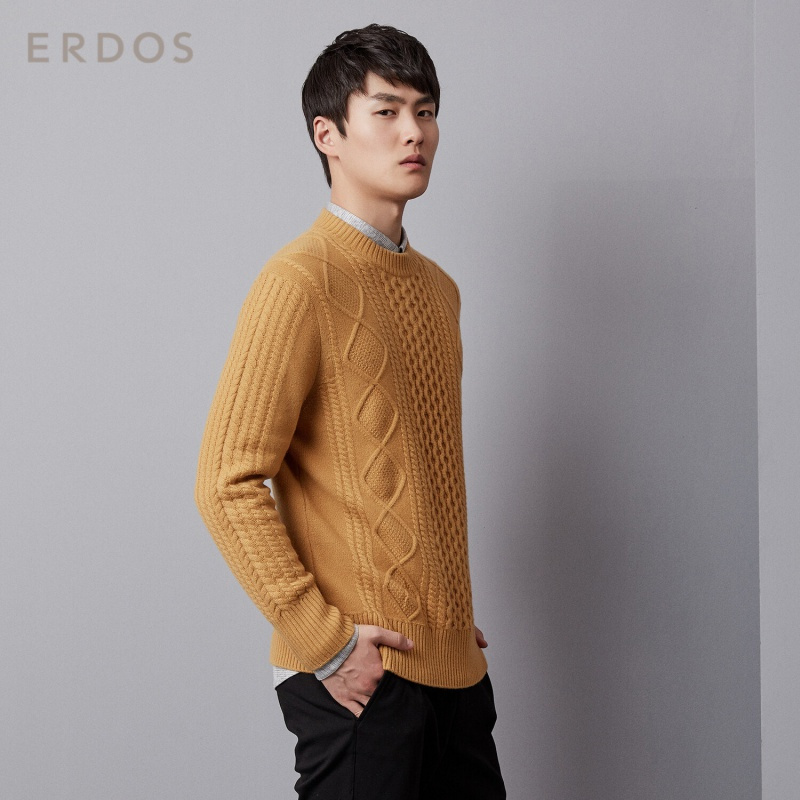 ERDOS 圆领绞花设计男士羊绒衫休闲百搭针织衫温暖舒适
