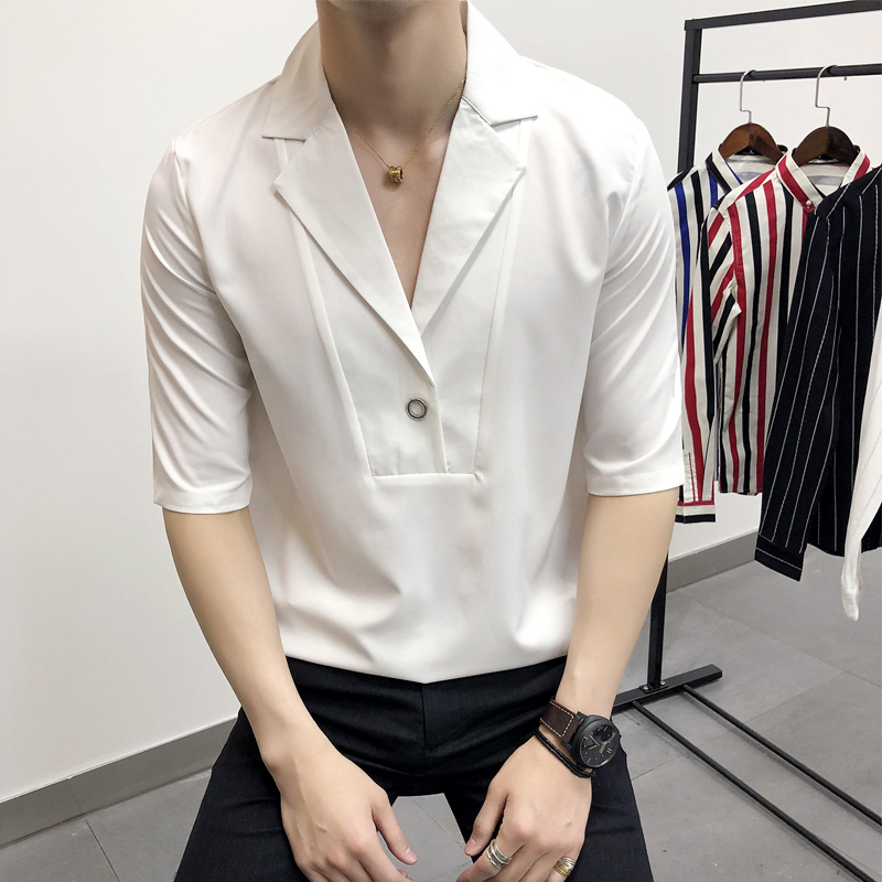 夏款男士中袖衬衫宽松个性纯色衣服潮男五分短袖衬衣7分袖寸衫