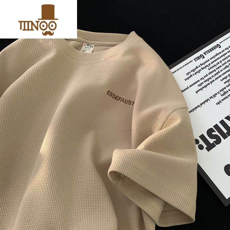 YANXU华夫格短袖t恤男夏季2023新款潮流圆领半袖上衣宽松五分2圆衣袖 L 杏色强烈推荐