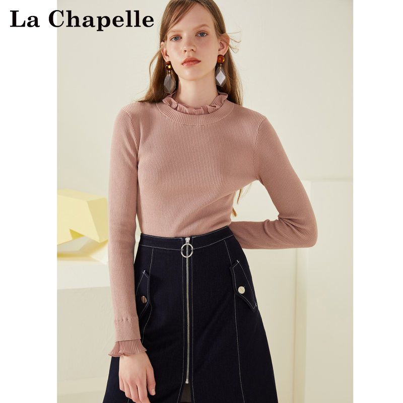 拉夏贝尔专柜cies新款修身显瘦韩版套头荷叶袖打底针