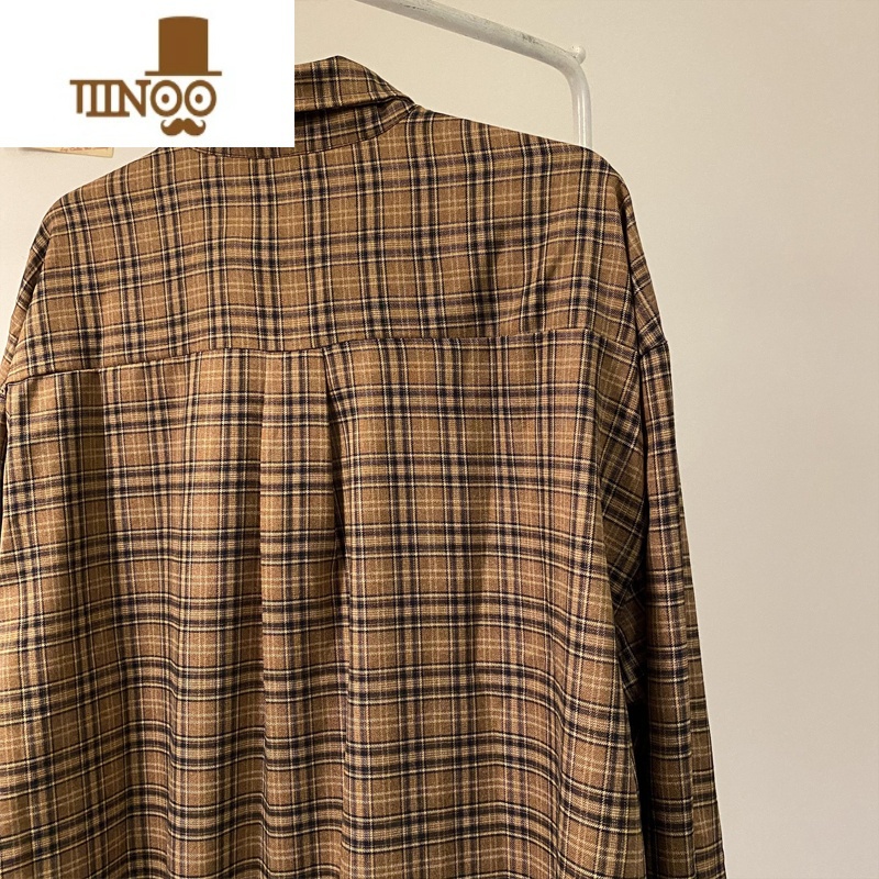 YANXUMASD日系复古咖色格子长袖衬衫男潮ins情侣宽松复衫YX高清大图