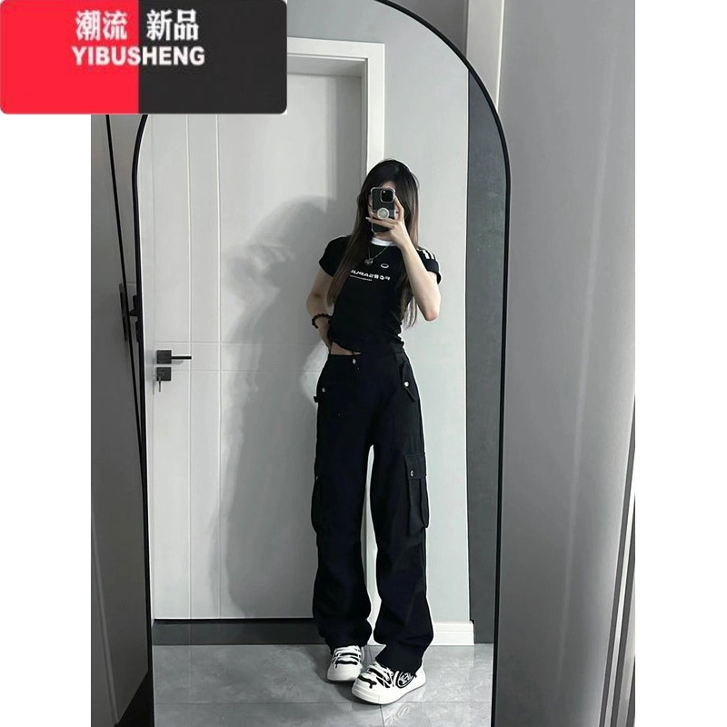 YIBUSHENG美式复古三条杠正肩短袖t恤女季2024新款修身运动短款辣妹上衣