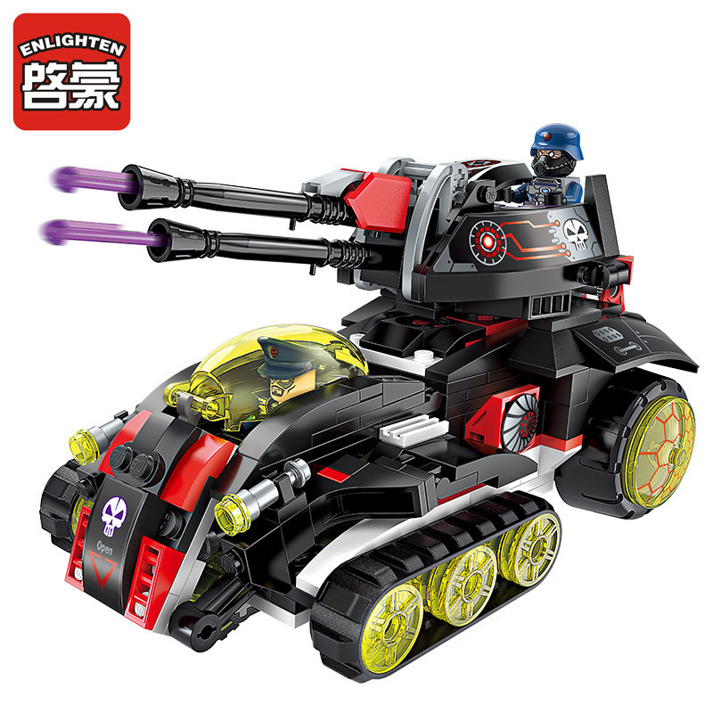 启蒙2715拼装积木科技时代镭射激光炮装甲履带突击摩托车战车组合