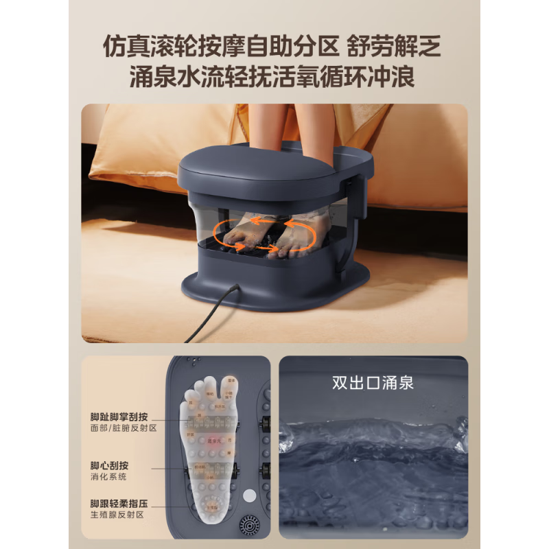 美的ZS108可拆洗泡脚桶杀菌加热电动按摩洗脚盆足浴盆理疗泡小腿可折叠涌泉活氧仿真按摩洗脚盆深海蓝高清大图