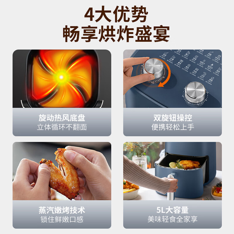 九阳(Joyoung)空气炸锅不用翻面5L大容量环形可视微蒸汽多功能电炸锅烤炸一体机KL50-V525高清大图